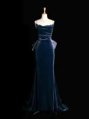JazzHer Sexy Mermaid Spaghetti Straps Navy Blue Velvet Prom Dresses Party Evening Dress With Beads (PRE-ORDER)