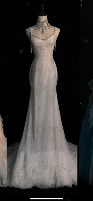 JazzHer Sexy Mermaid Spaghetti Straps Sequin Long Silver Prom Dresses Evening Dress (PRE-ORDER)
