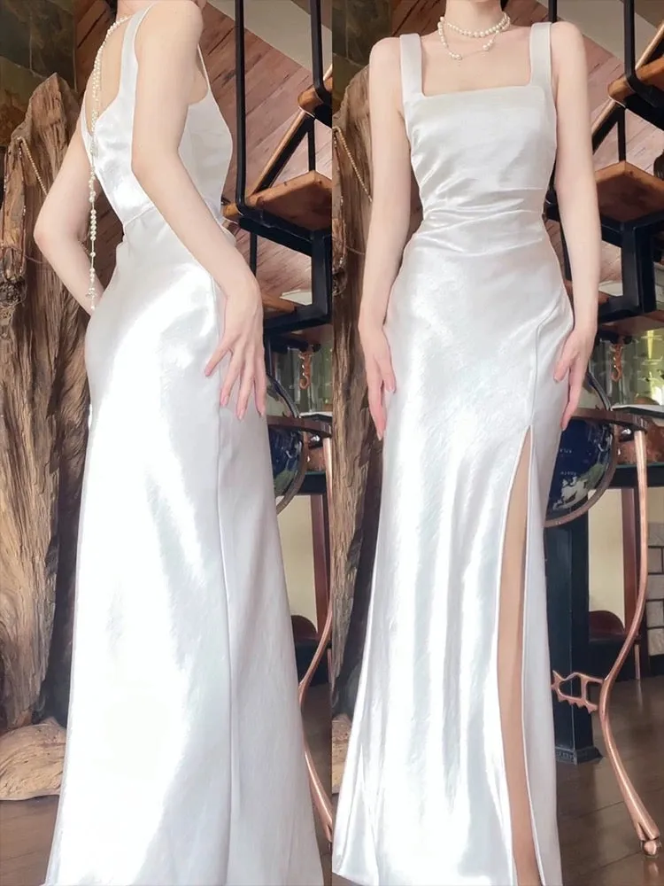 JazzHer Sexy Mermaid Square Neckline White Slit Long Evening Dress Prom Dresses Birthday Outfits (PRE-ORDER)