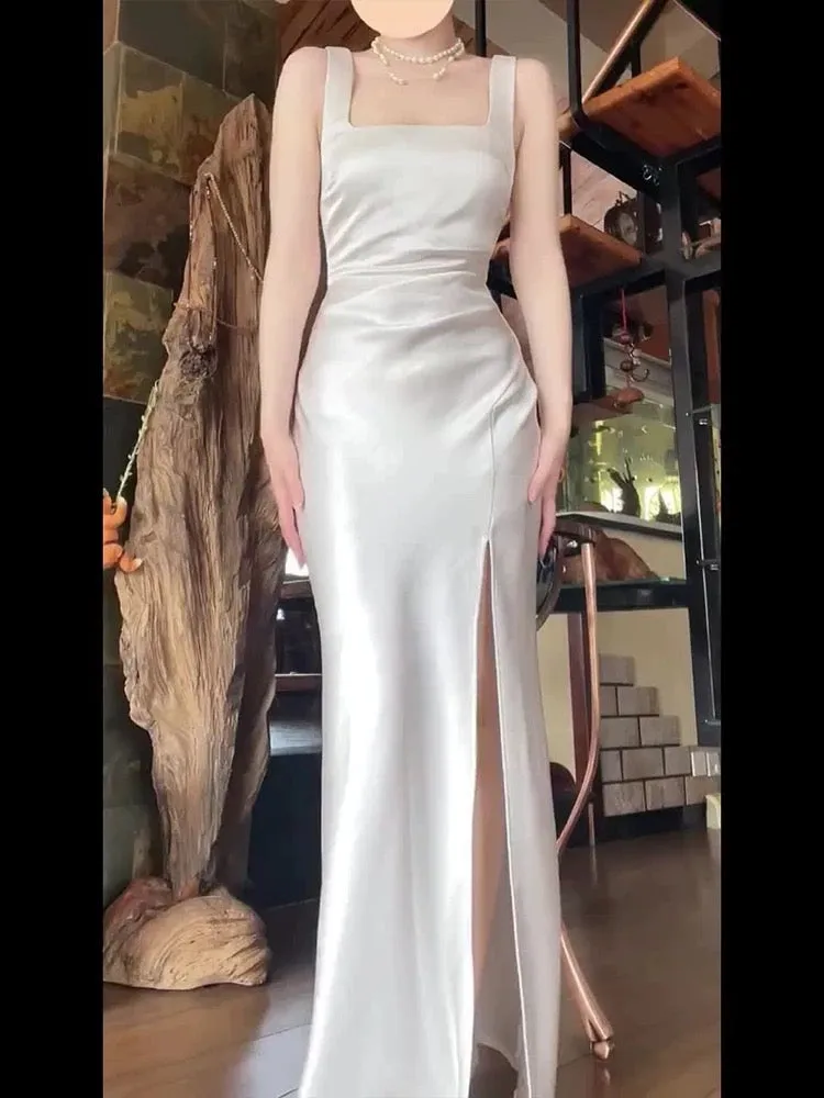 JazzHer Sexy Mermaid Square Neckline White Slit Long Evening Dress Prom Dresses Birthday Outfits (PRE-ORDER)