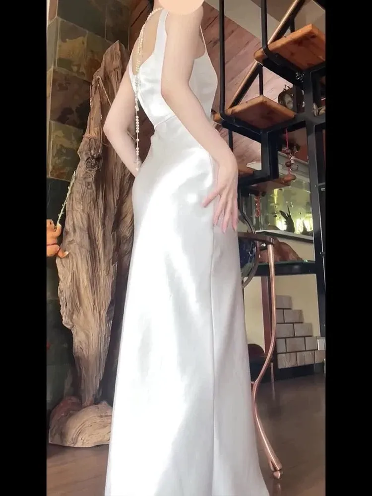 JazzHer Sexy Mermaid Square Neckline White Slit Long Evening Dress Prom Dresses Birthday Outfits (PRE-ORDER)
