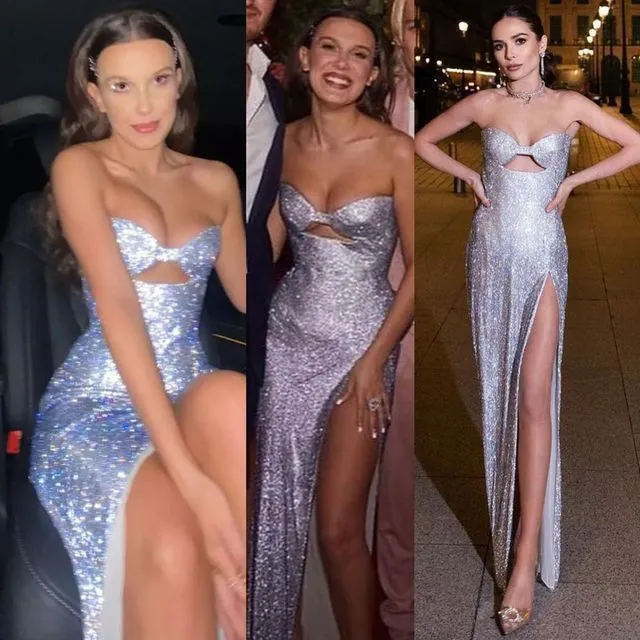 JazzHer Sexy Mermaid Strapless Sequin Long Silver Slit Prom Dresses Evening Dress (PRE-ORDER)