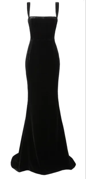 JazzHer Sexy Mermaid Straps Black Velvet Long Prom Dresses Evening Dress (PRE-ORDER)