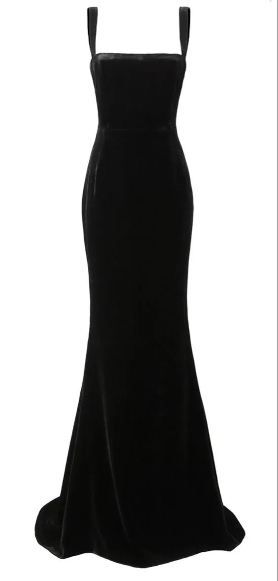 JazzHer Sexy Mermaid Straps Black Velvet Long Prom Dresses Evening Dress (PRE-ORDER)