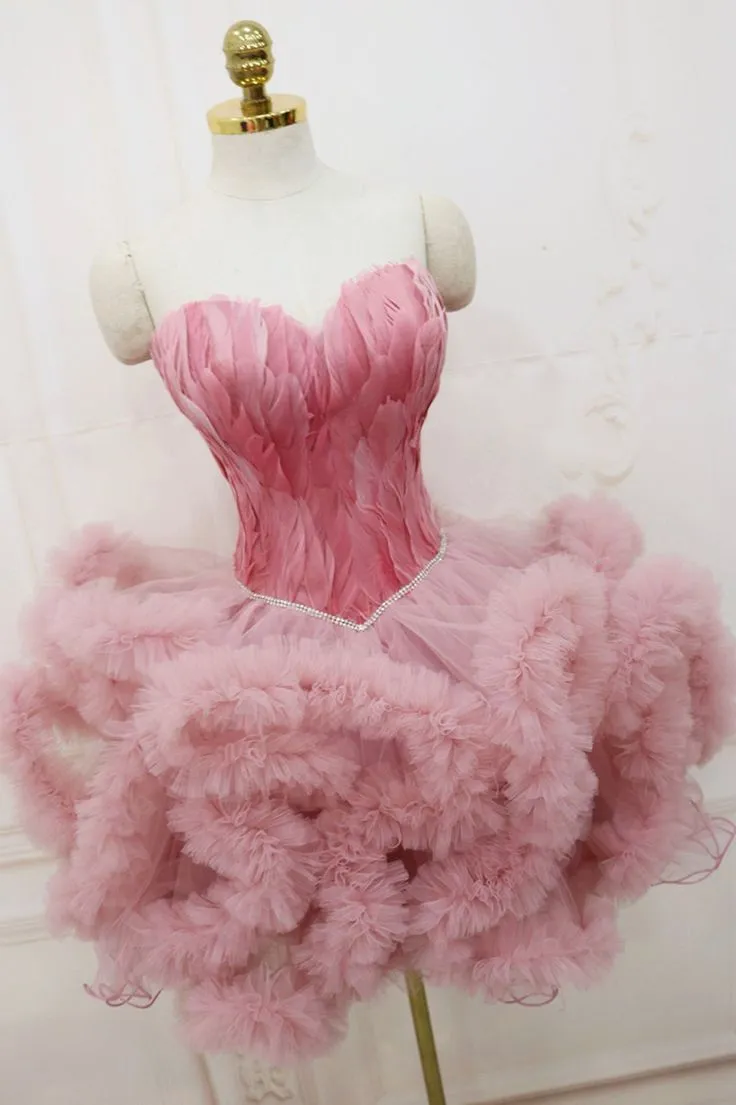 JazzHer Short Pink Feather Sweetheart Puffy Tulle Cocktail Party Dress Birthday Dress Homecoming Dresses (PRE-ORDER)