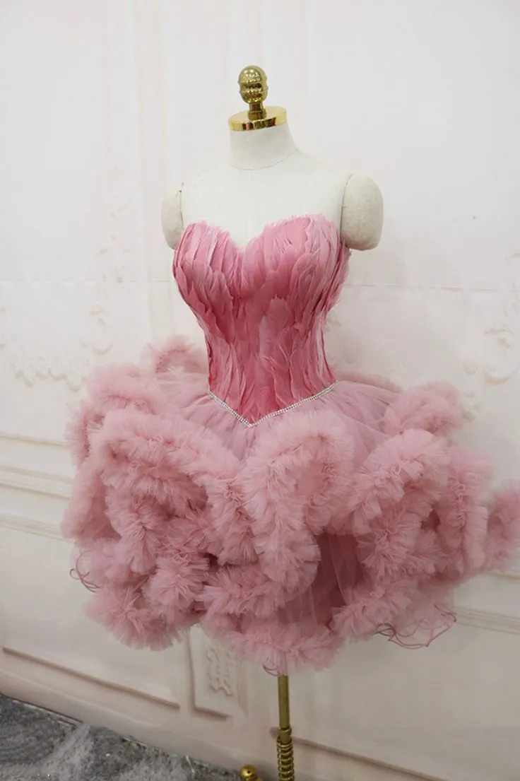 JazzHer Short Pink Feather Sweetheart Puffy Tulle Cocktail Party Dress Birthday Dress Homecoming Dresses (PRE-ORDER)