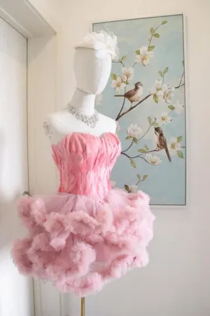 JazzHer Short Pink Feather Sweetheart Puffy Tulle Cocktail Party Dress Birthday Dress Homecoming Dresses (PRE-ORDER)