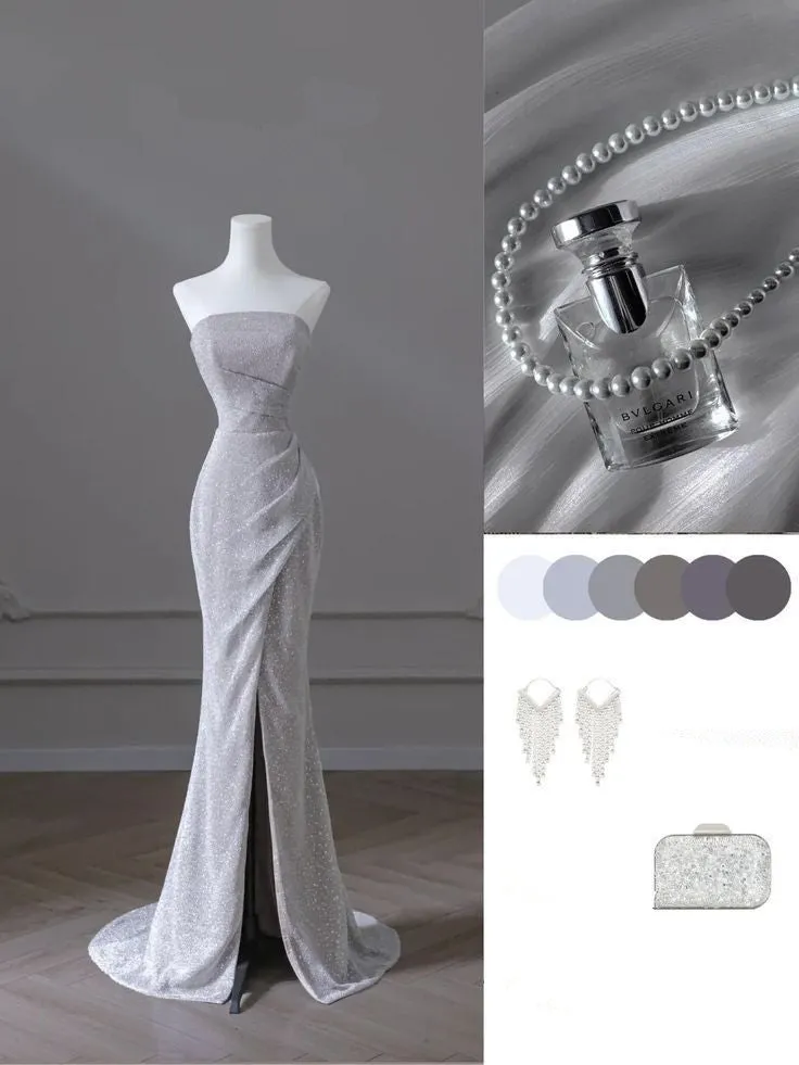 JazzHer Sparkly Mermaid Strapless Sequin Long Slit Evening Dress Prom Dresses With Ruffles (PRE-ORDER)