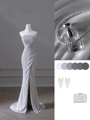 JazzHer Sparkly Mermaid Strapless Sequin Long Slit Evening Dress Prom Dresses With Ruffles (PRE-ORDER)