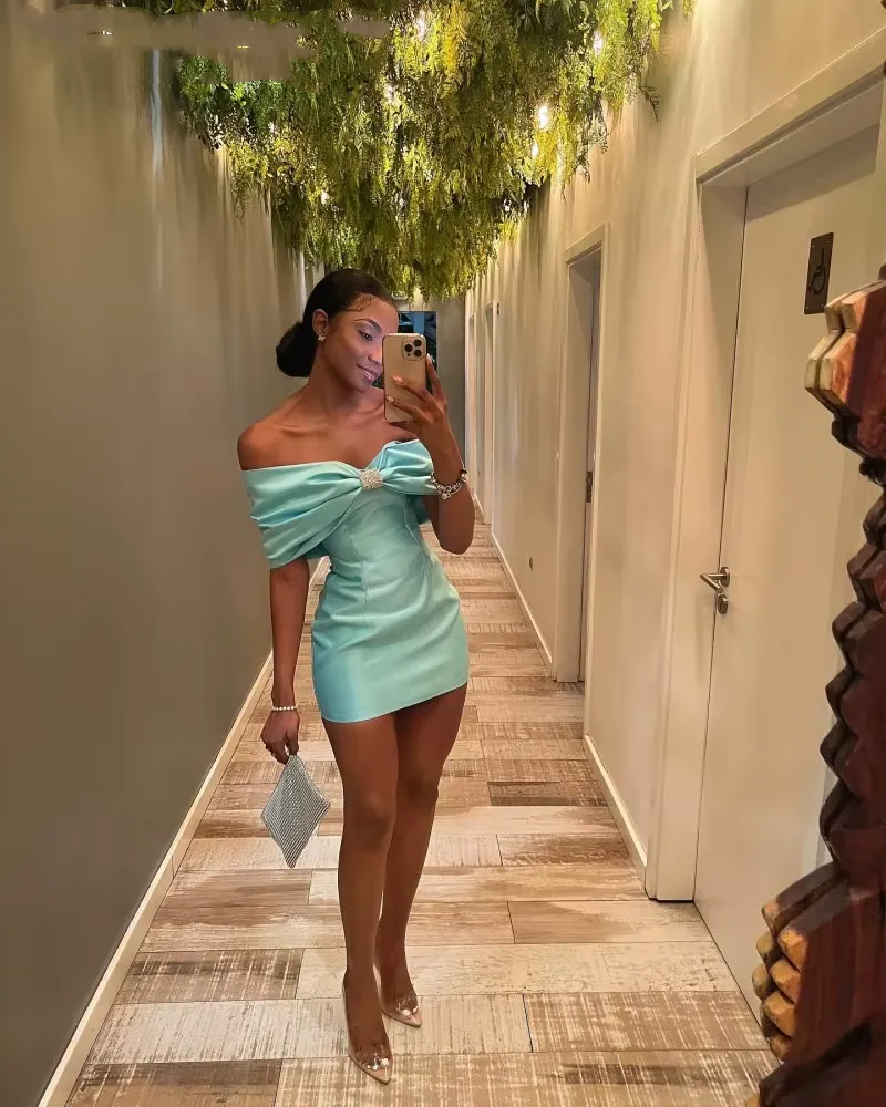 JazzHer th Birthday Off The Shoulder Homecoming Dresses Tiffany Blue Mini Bowknot Party Dress (PRE-ORDER)