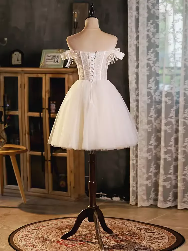 JazzHer Vintage Ball Gown Off The Shoulder White Birthday Outfits Lace Homecoming Dresses (PRE-ORDER)