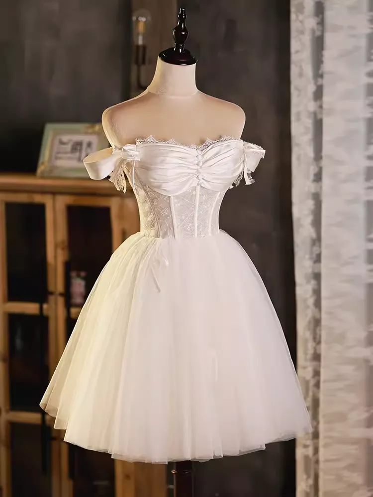 JazzHer Vintage Ball Gown Off The Shoulder White Birthday Outfits Lace Homecoming Dresses (PRE-ORDER)