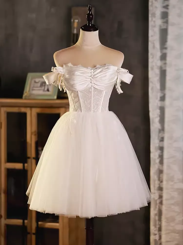 JazzHer Vintage Ball Gown Off The Shoulder White Birthday Outfits Lace Homecoming Dresses (PRE-ORDER)