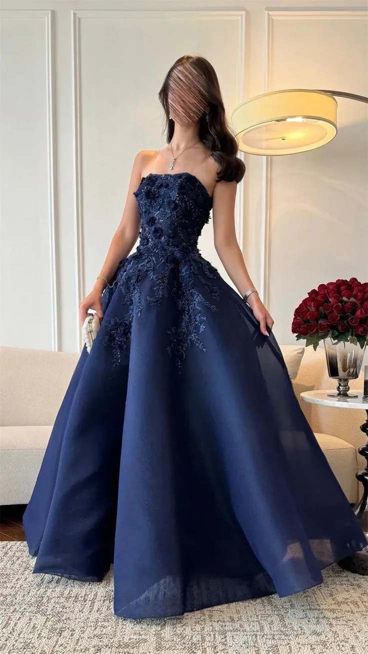 JazzHer Vintage Ball Gown Strapless Navy Blue Satin Lace Long Evening Dress Prom Dresses (PRE-ORDER)
