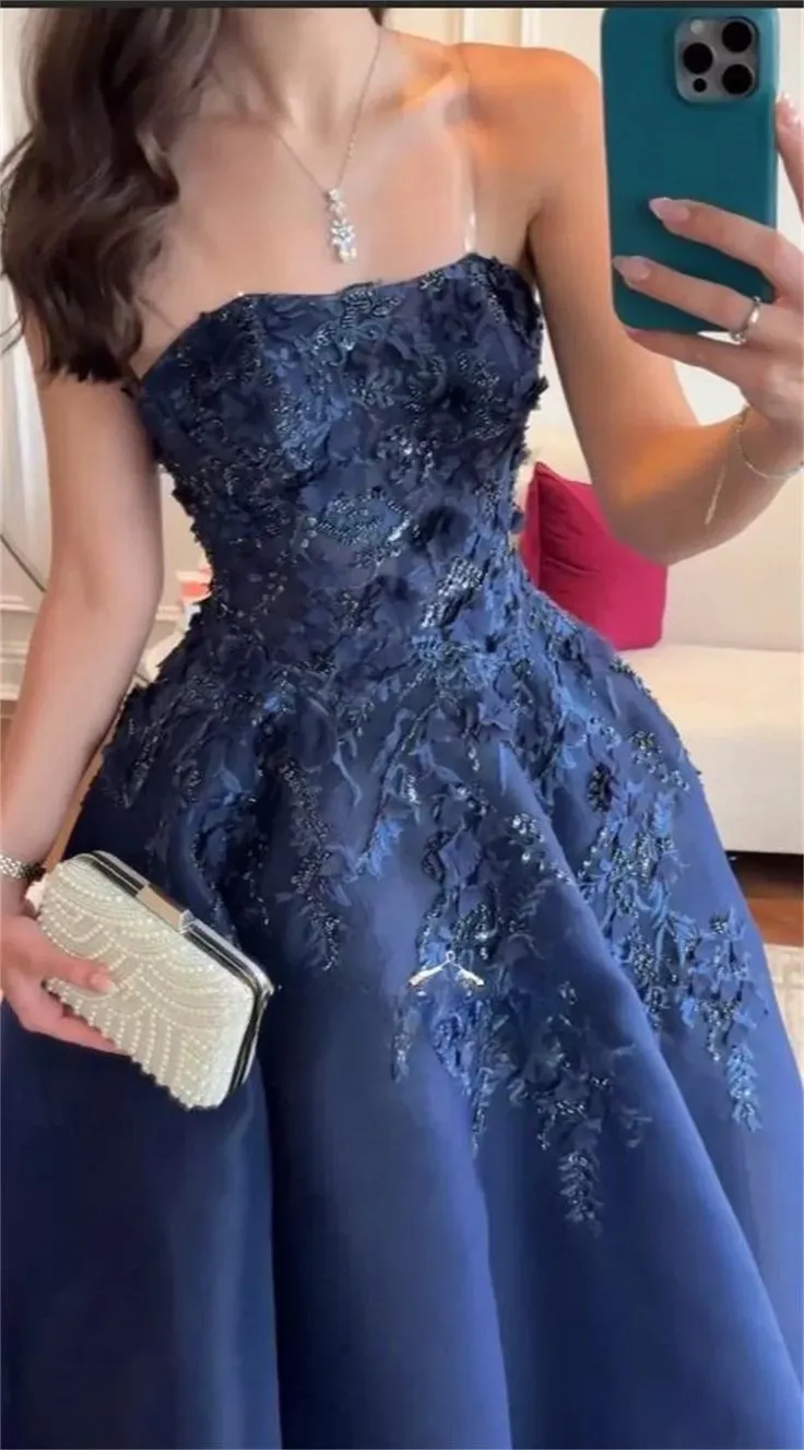 JazzHer Vintage Ball Gown Strapless Navy Blue Satin Lace Long Evening Dress Prom Dresses (PRE-ORDER)