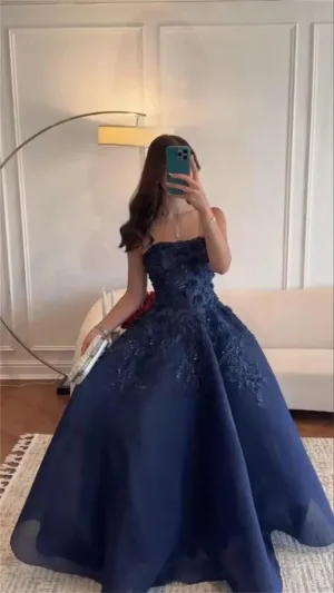 JazzHer Vintage Ball Gown Strapless Navy Blue Satin Lace Long Evening Dress Prom Dresses (PRE-ORDER)