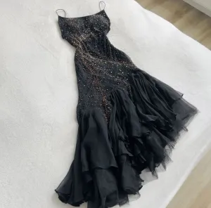 JazzHer Vintage Mermaid Spaghetti Straps Black Tulle Long Prom Dresses Evening Dress (PRE-ORDER)