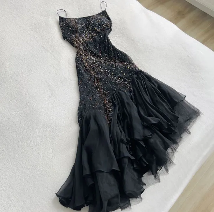 JazzHer Vintage Mermaid Spaghetti Straps Black Tulle Long Prom Dresses Evening Dress (PRE-ORDER)