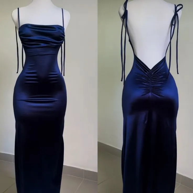 JazzHer Vintage Mermaid Spaghetti Straps Custom Silk Satin Blue Long Prom Dresses (PRE-ORDER)