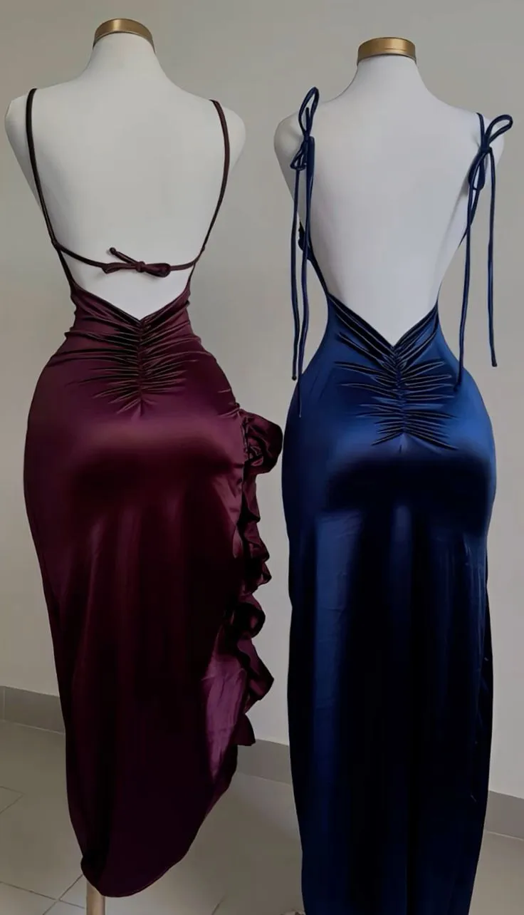 JazzHer Vintage Mermaid Spaghetti Straps Custom Silk Satin Blue Long Prom Dresses (PRE-ORDER)