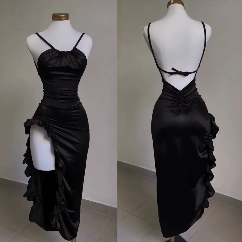 JazzHer Vintage Mermaid Spaghetti Straps Custom Silk Satin Blue Long Prom Dresses (PRE-ORDER)