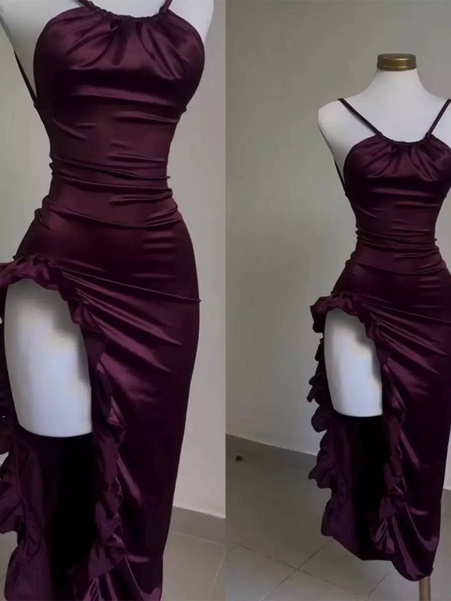 JazzHer Vintage Mermaid Spaghetti Straps Custom Silk Satin Blue Long Prom Dresses (PRE-ORDER)