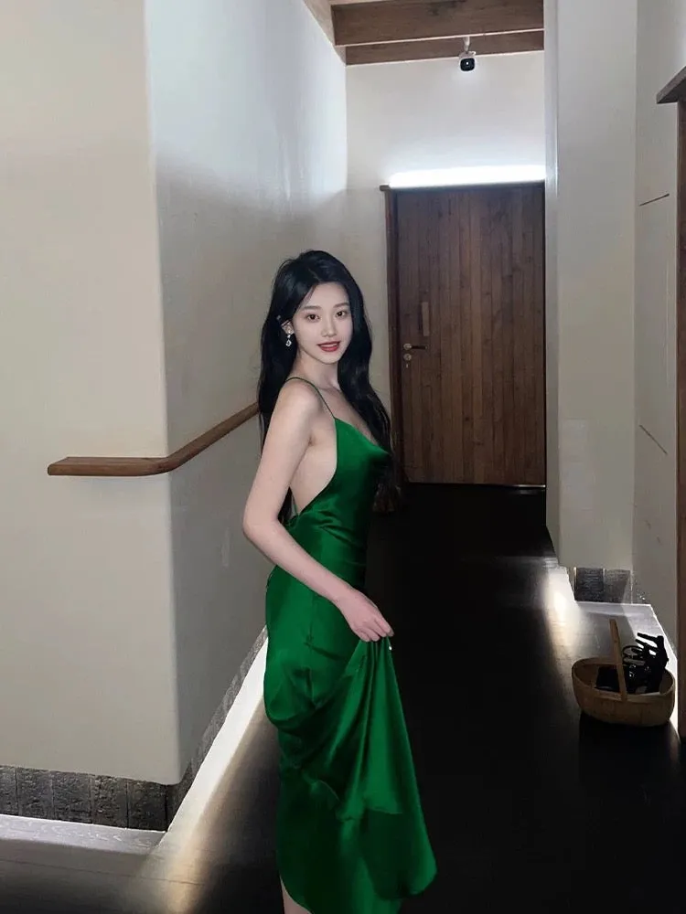 JazzHer Vintage Mermaid Spaghetti Straps Green Satin Long Birthday Dress Prom Dresses (PRE-ORDER)
