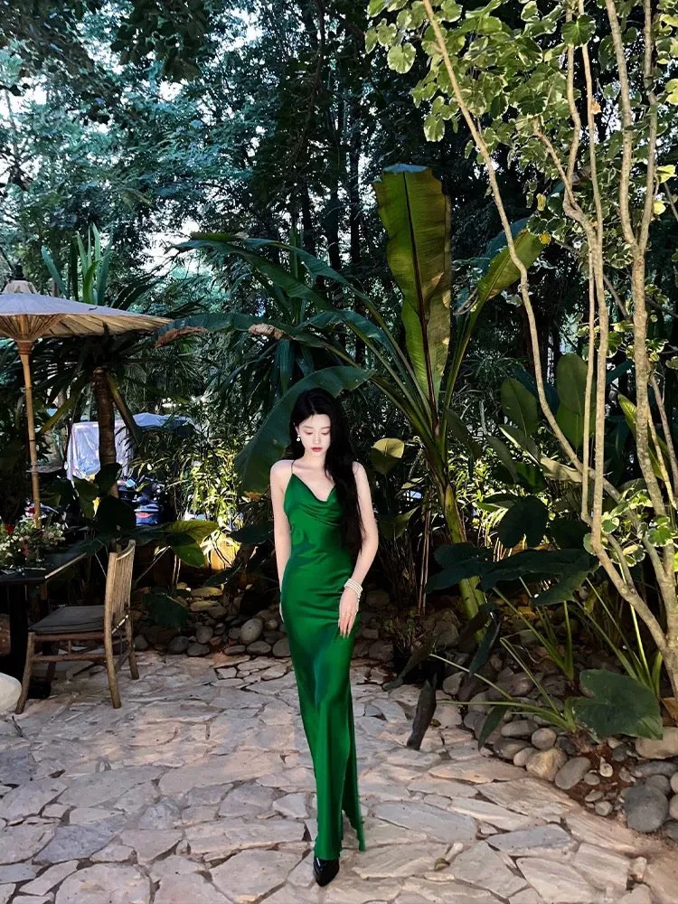 JazzHer Vintage Mermaid Spaghetti Straps Green Satin Long Birthday Dress Prom Dresses (PRE-ORDER)
