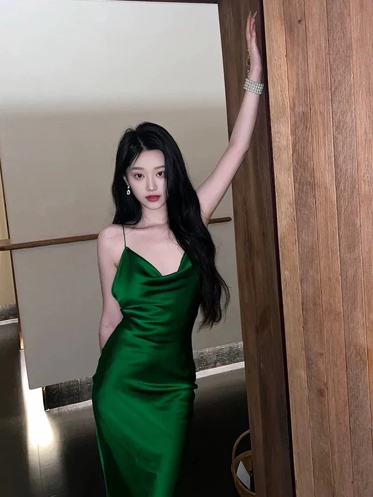 JazzHer Vintage Mermaid Spaghetti Straps Green Satin Long Birthday Dress Prom Dresses (PRE-ORDER)
