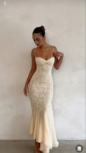 JazzHer Vintage Mermaid Spaghetti Straps Ivory Lace Floor Length Prom Dresses Chiffon Evening Dress (PRE-ORDER)