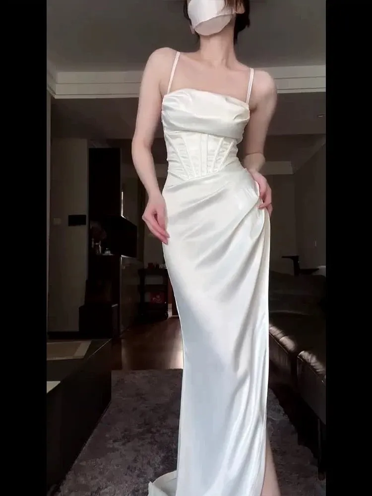 JazzHer Vintage Mermaid Spaghetti Straps White Satin Long Birthday Dress Prom Dresses (PRE-ORDER)