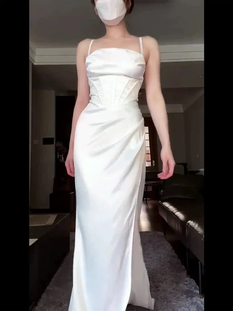JazzHer Vintage Mermaid Spaghetti Straps White Satin Long Birthday Dress Prom Dresses (PRE-ORDER)