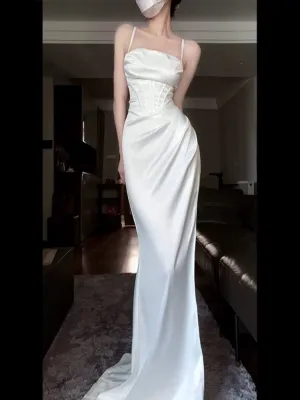 JazzHer Vintage Mermaid Spaghetti Straps White Satin Long Birthday Dress Prom Dresses (PRE-ORDER)