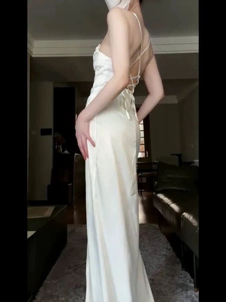 JazzHer Vintage Mermaid Spaghetti Straps White Satin Long Birthday Dress Prom Dresses (PRE-ORDER)