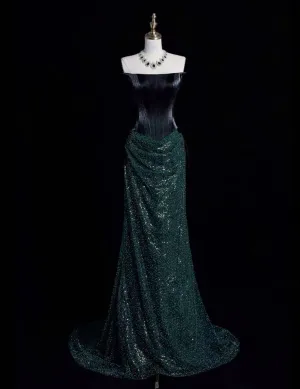 JazzHer Vintage Mermaid Strapless Sequin Dark Green Long Evening Dress Prom Dresses With Ruched (PRE-ORDER)