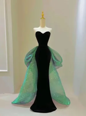 JazzHer Vintage Mermaid Sweetheart Black Velvet Long Evening Dress Prom Dresses With Bow (PRE-ORDER)