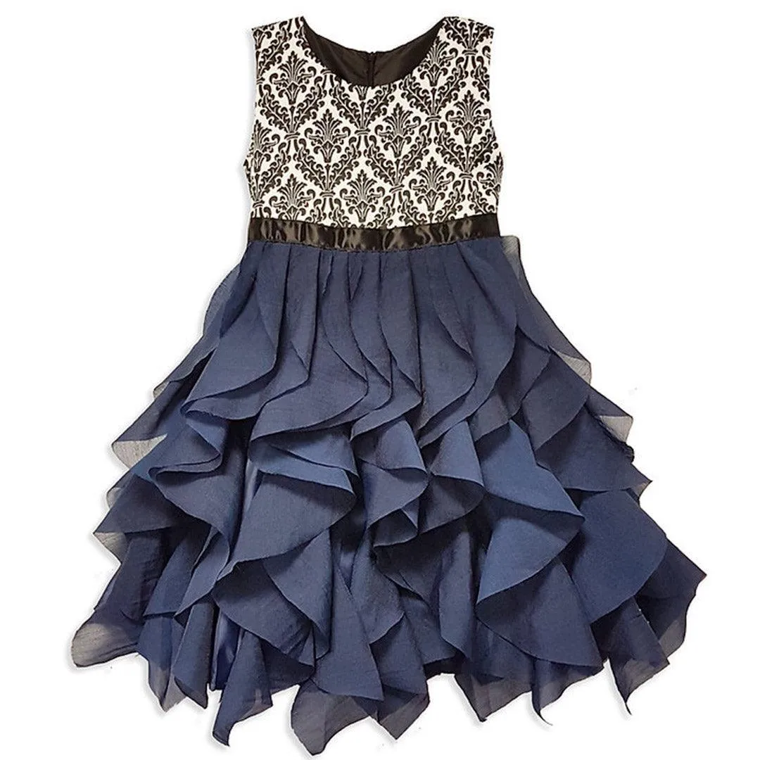 Jo-Ella Riley Cascading Tiered Dress with Damask Bodice