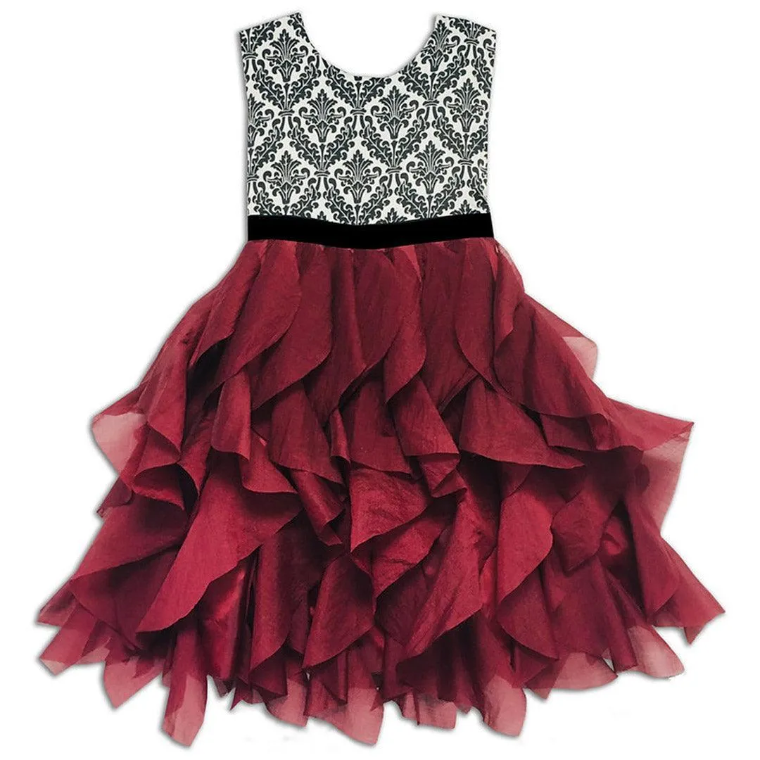 Jo-Ella Riley Cascading Tiered Dress with Damask Bodice