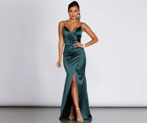 Karen Satin Stylish Wrap Formal Gown