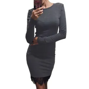 Kaywide Lace Patchwork Women Dress O Neck Casual Bodycon Party dresses With Tassel Plus Size Long Sleeve Ladis Dress Vestidos