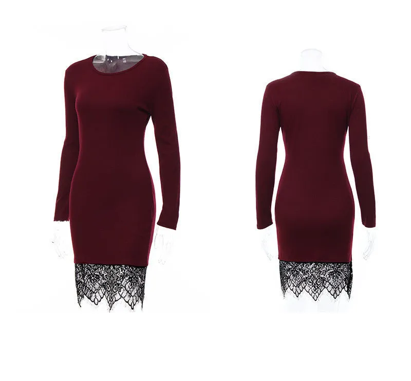 Kaywide Lace Patchwork Women Dress O Neck Casual Bodycon Party dresses With Tassel Plus Size Long Sleeve Ladis Dress Vestidos