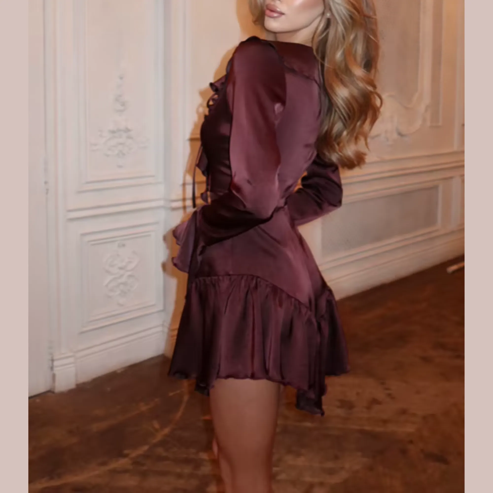 Kennedy - Brown V Neck Ruffle Mini Dress