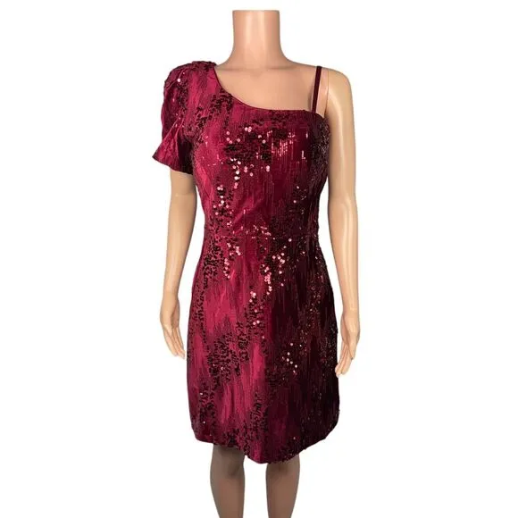 Kensie‎ one shoulder Burgundy Wine sequin cocktail dress, size 8, holiday party