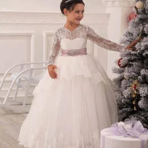 Kids Long Sleeves Princess Gowns Flower Girls Dresses Wedding Prom