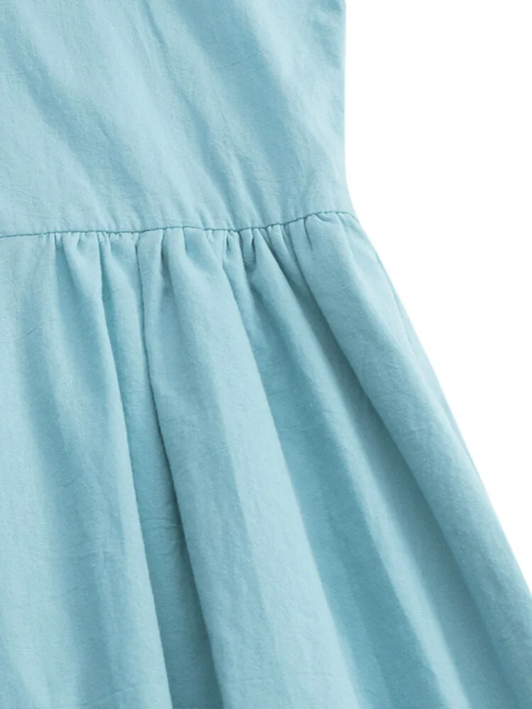 Knee Length Dress Cotton Solid Pockets Women Midi Dress