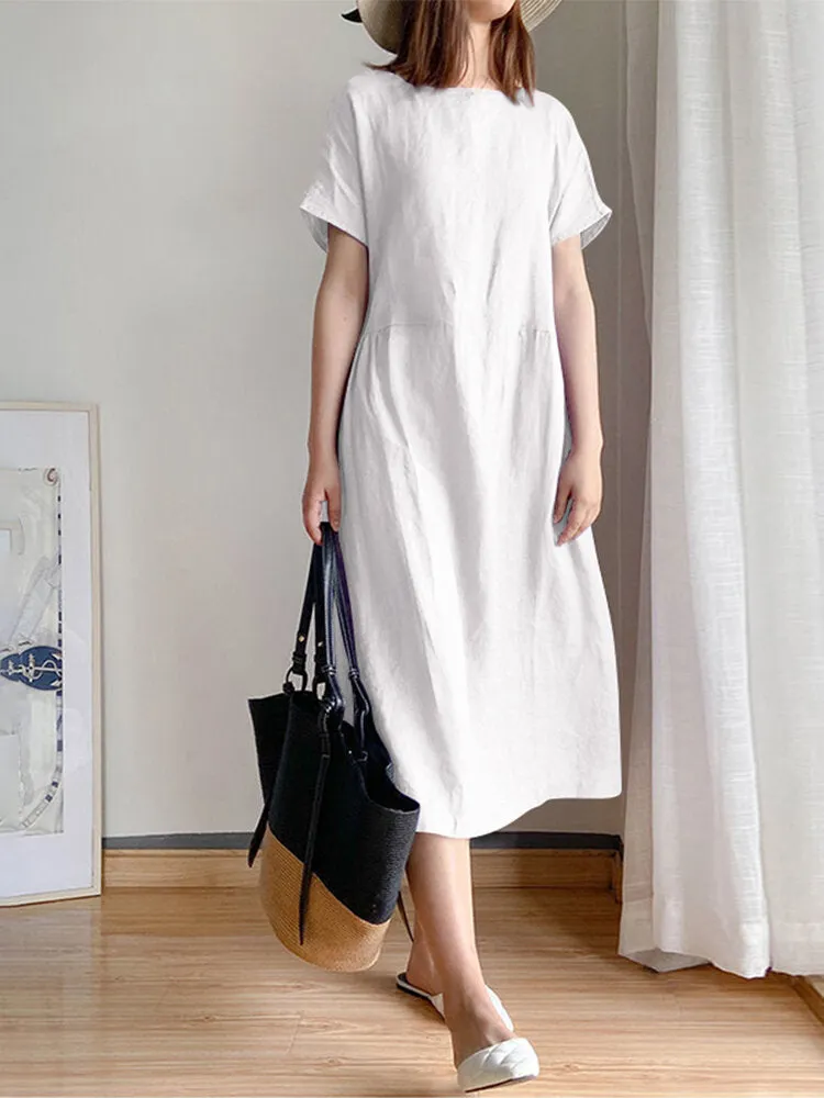 Knee Length Dress Cotton Solid Pockets Women Midi Dress