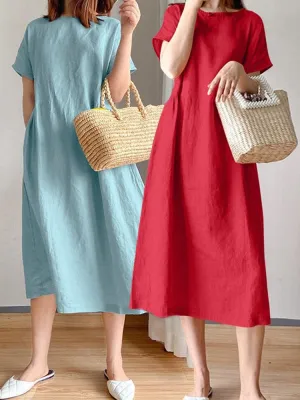 Knee Length Dress Cotton Solid Pockets Women Midi Dress
