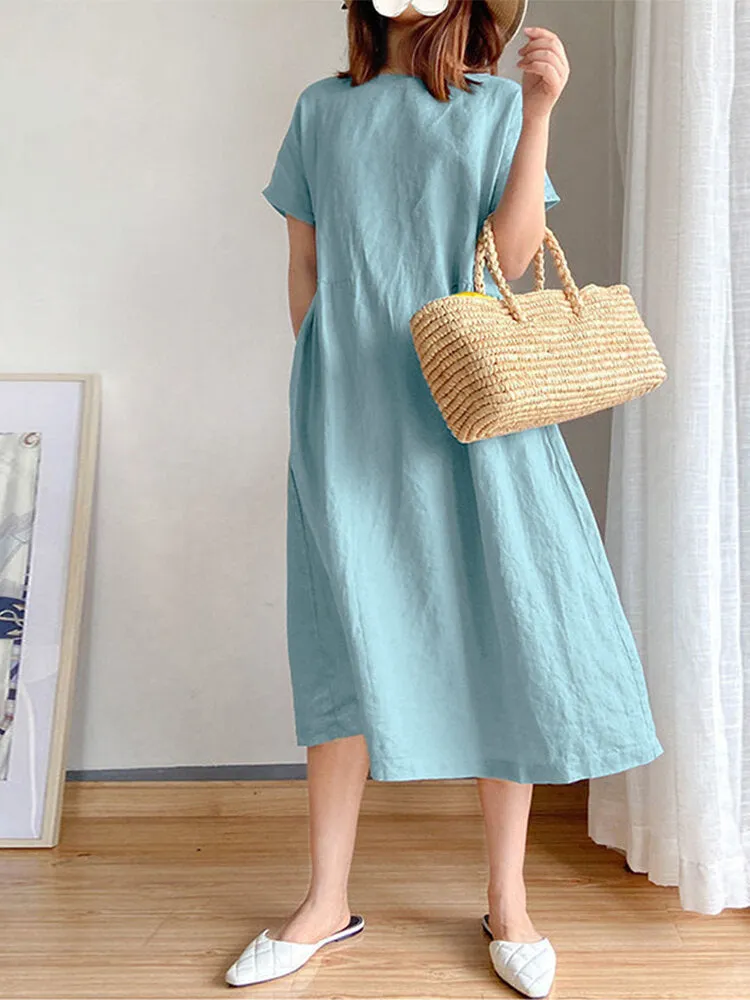 Knee Length Dress Cotton Solid Pockets Women Midi Dress