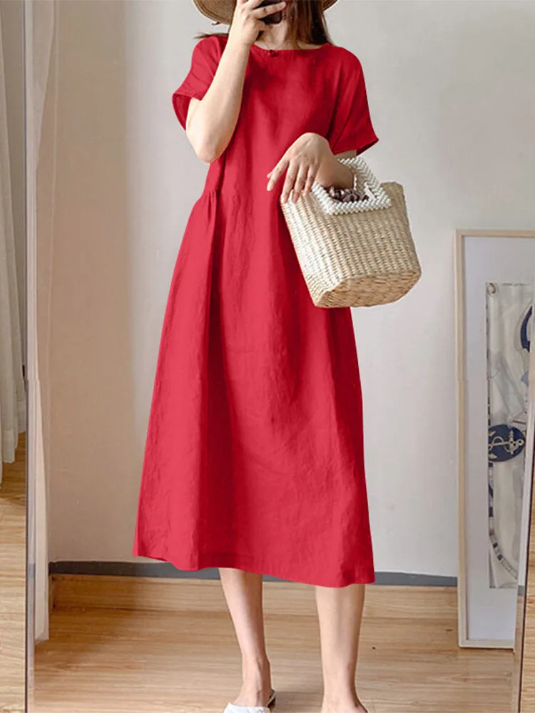 Knee Length Dress Cotton Solid Pockets Women Midi Dress