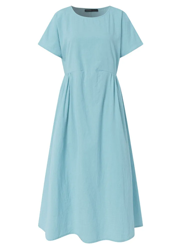 Knee Length Dress Cotton Solid Pockets Women Midi Dress